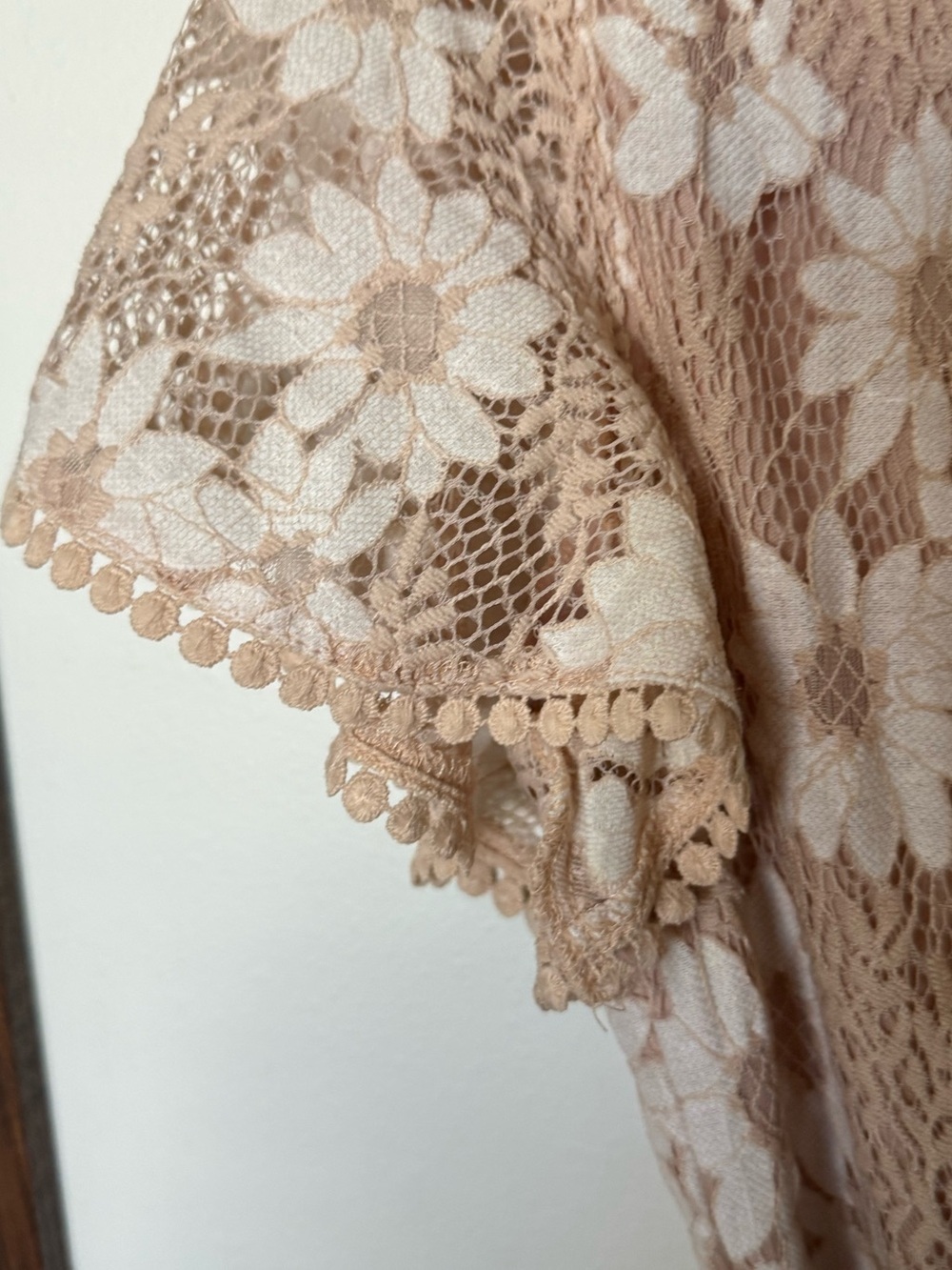 Boho Lace Floral Wrap Dress Small | Nude Blush Mini Dress Feminine Cottagecore - Picture 4 of 7